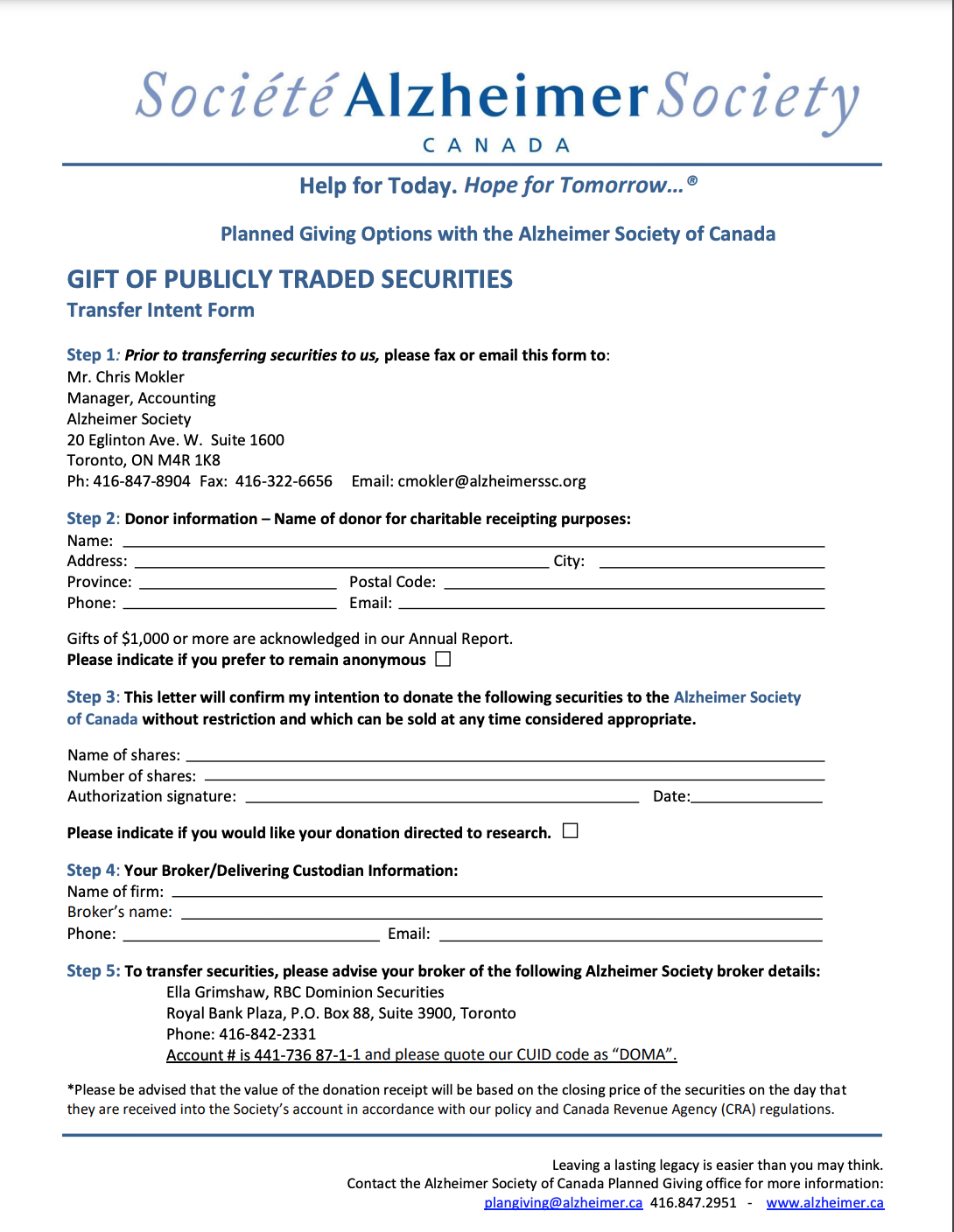 Gift of Publicly Traded Securities - Transfer intent form cover